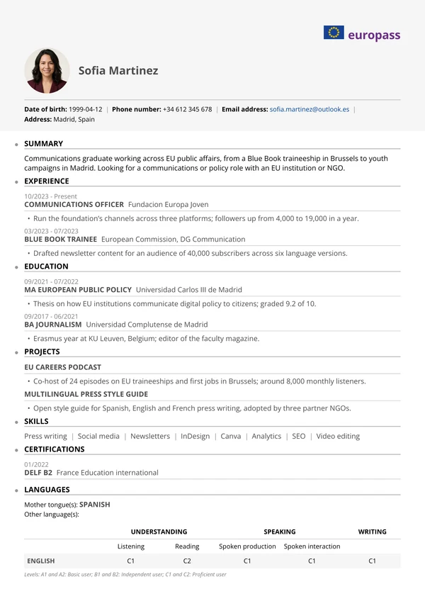 European CV in the Europass template