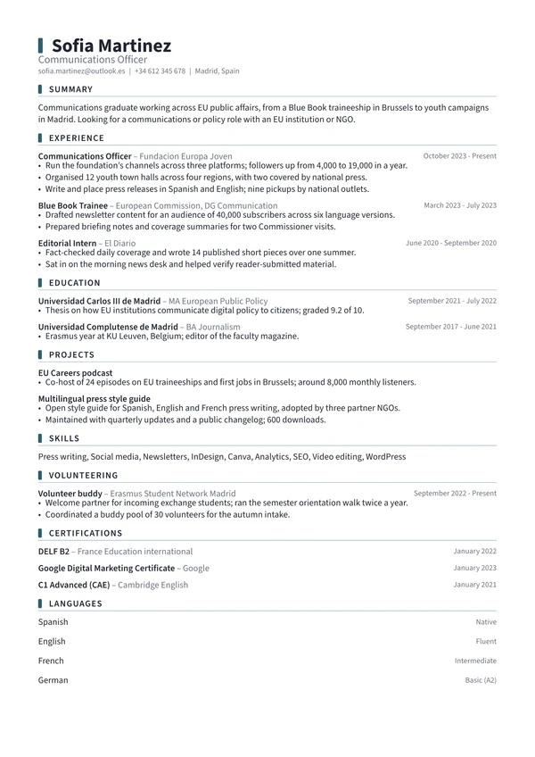 European CV in the Marker template