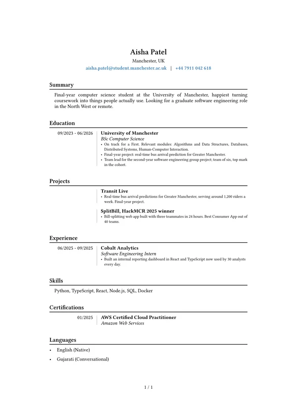 Student resume in the Academic template