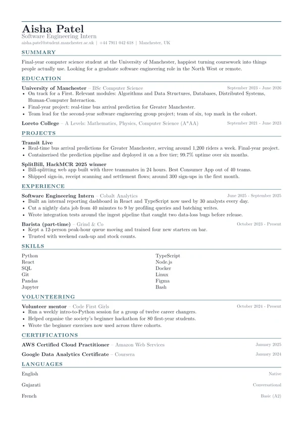 Student resume in the Grid template