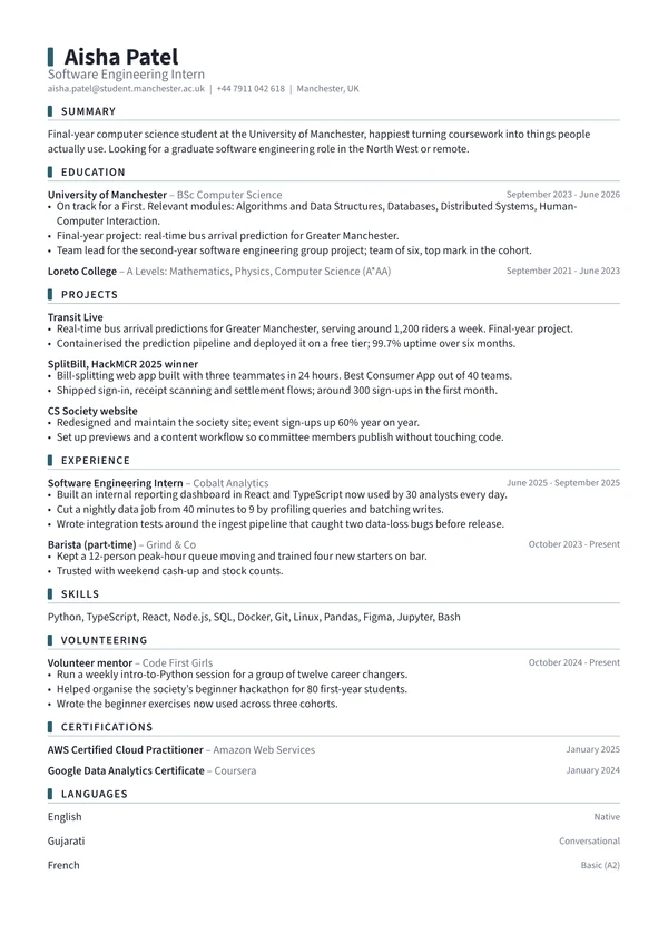 Student resume in the Marker template