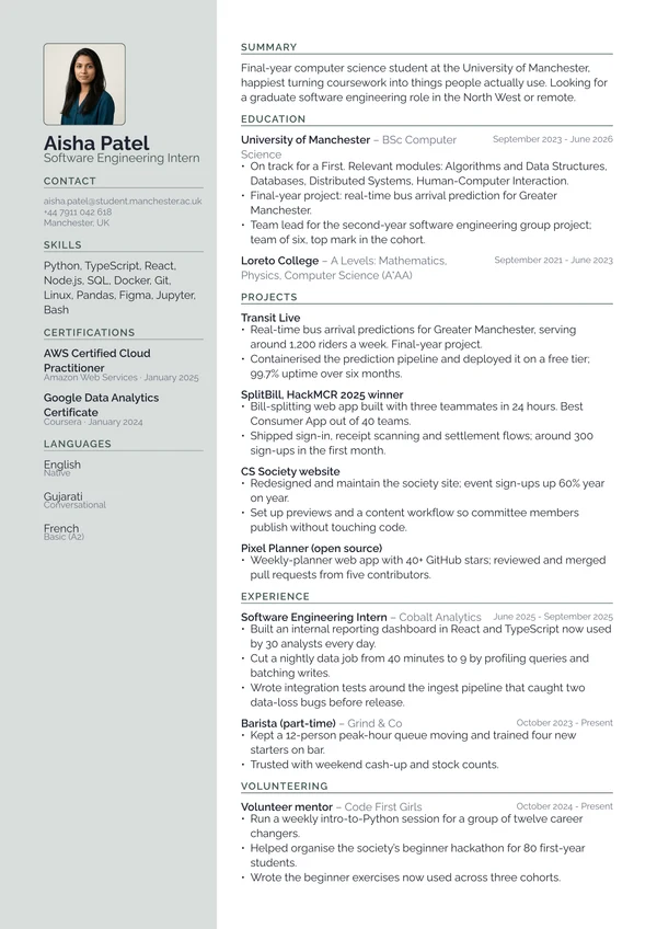 Student resume in the Quartz template
