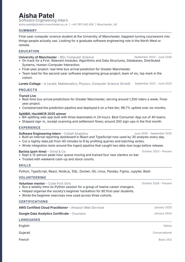 Student resume in the Spine template