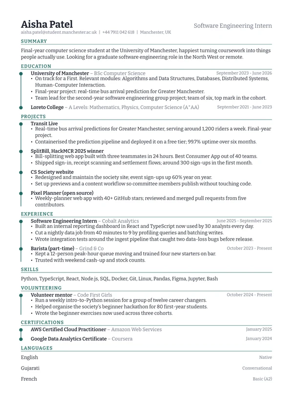 Student resume in the Timeline template