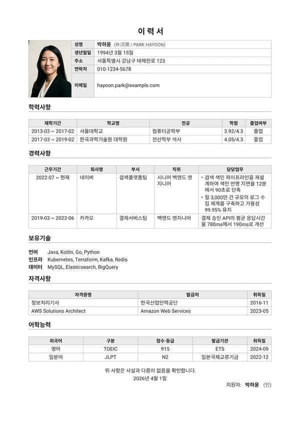 Iryeokseo 양식으로 만든 이력서