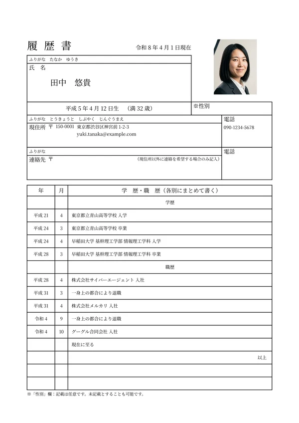 Rirekisho のテンプレートで作成した履歴書