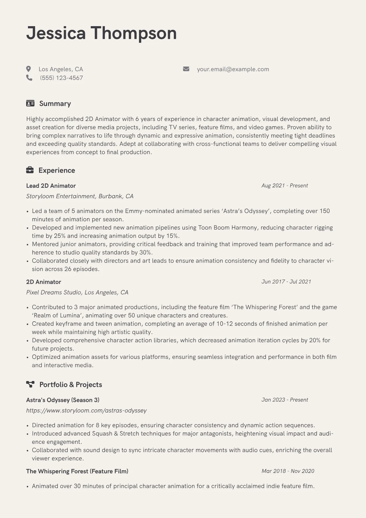 2D Animator Resume Example CV template - Page 1