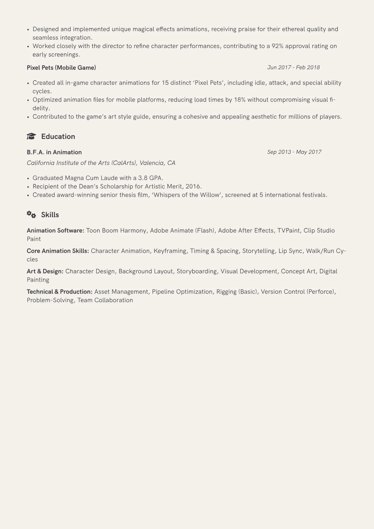 2D Animator Resume Example CV template - Page 2