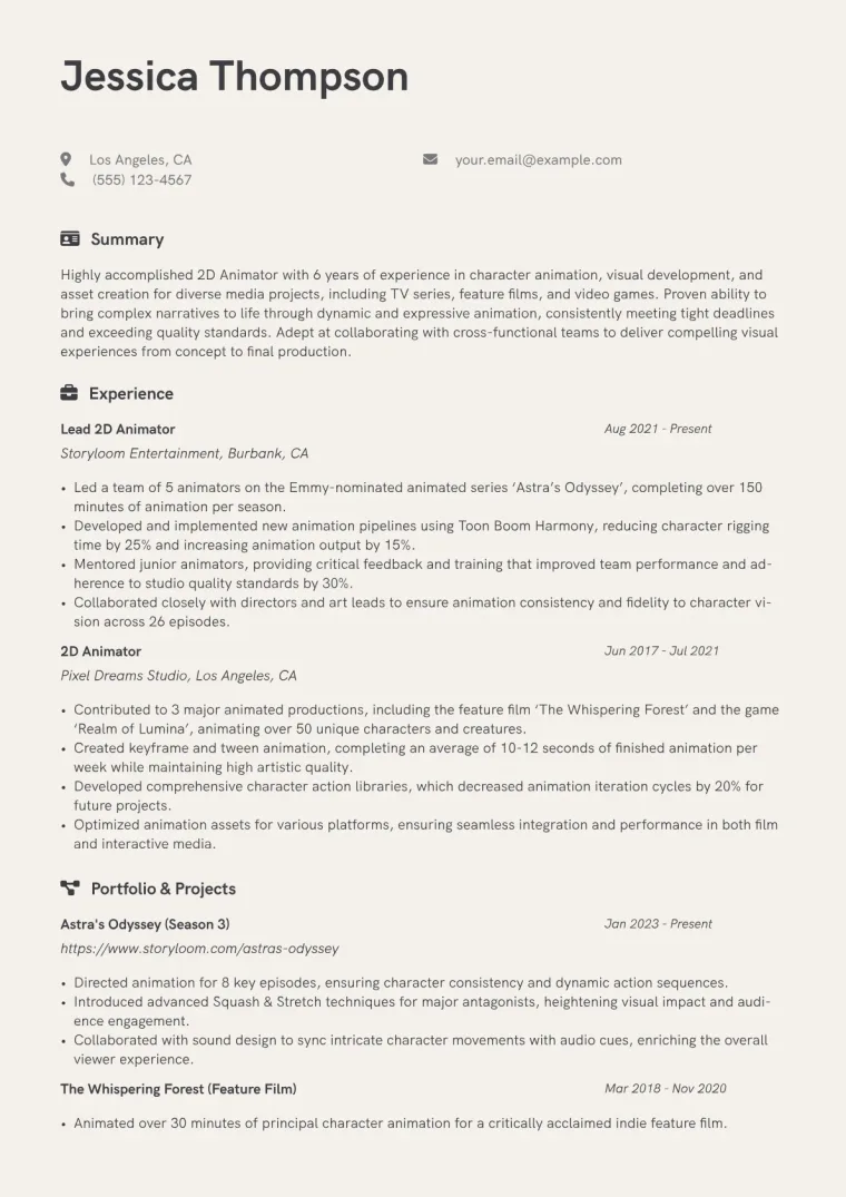 2D Animator Resume Example CV template preview