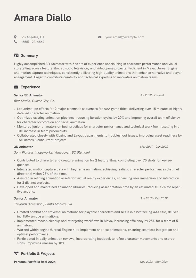 3D Animator Resume Example CV template preview