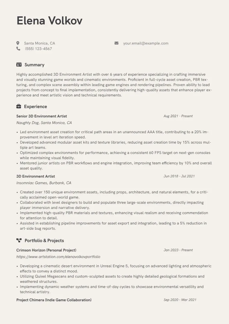 3D Environment Artist Resume Example CV template preview