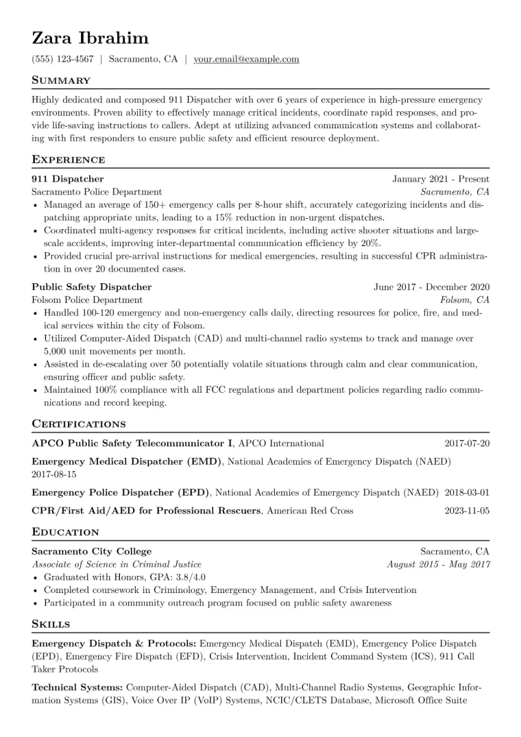 911 Dispatcher Resume Example CV template preview