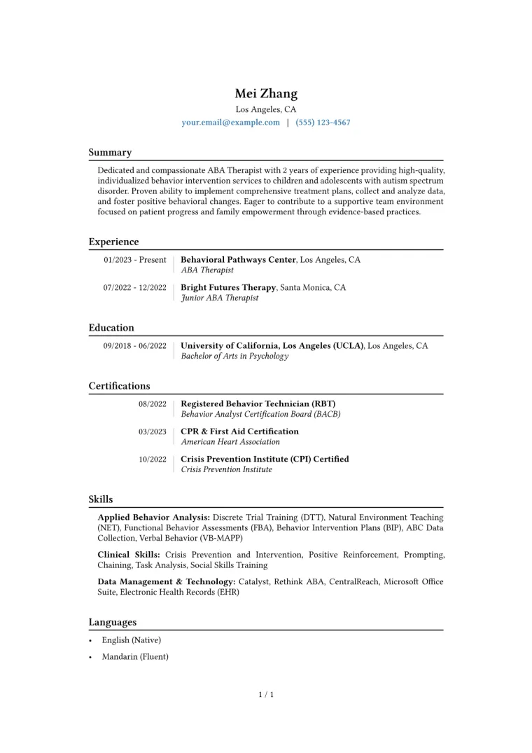 ABA Therapist Resume Example CV template preview