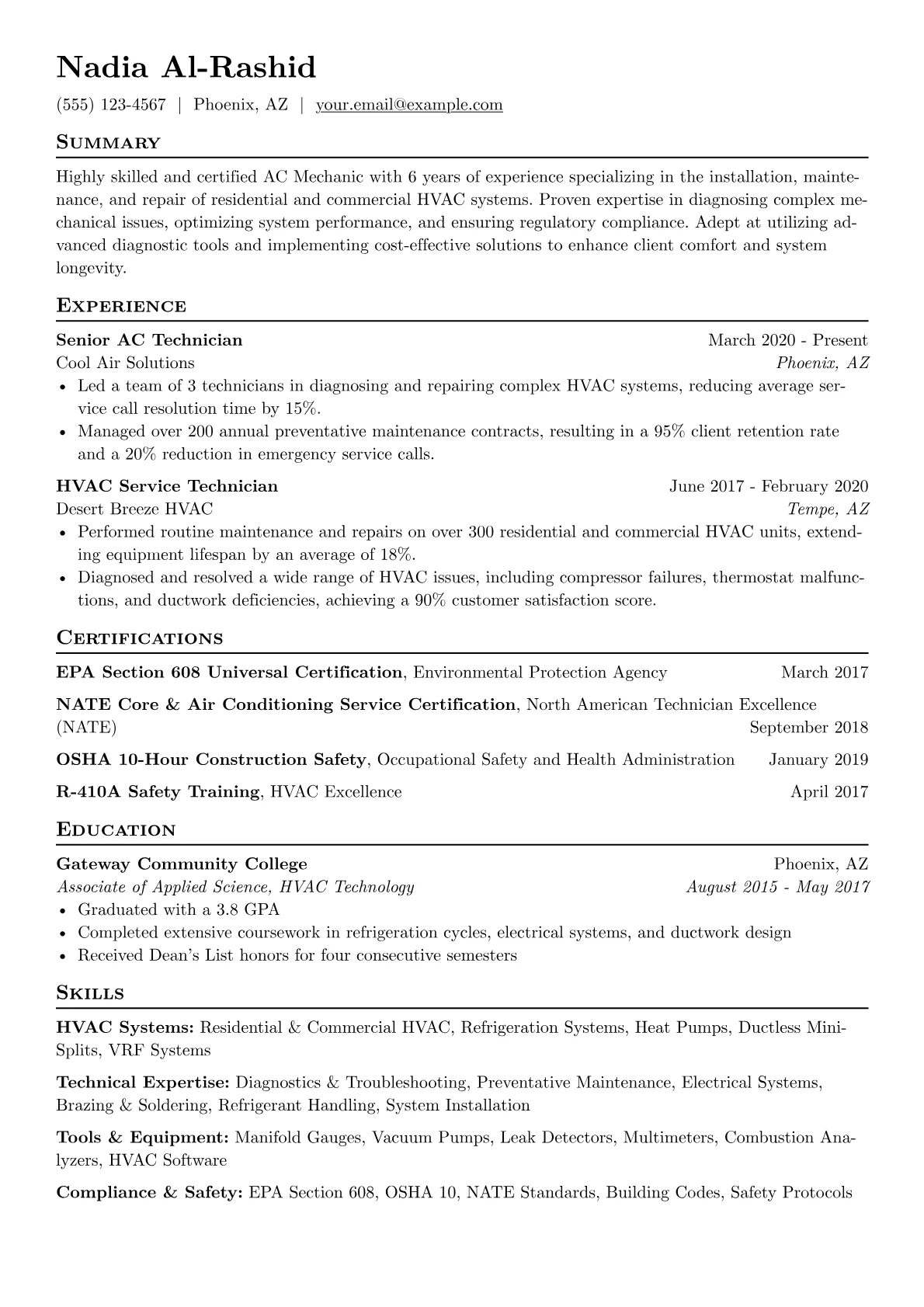 AC Mechanic Resume Example CV template - Page 1