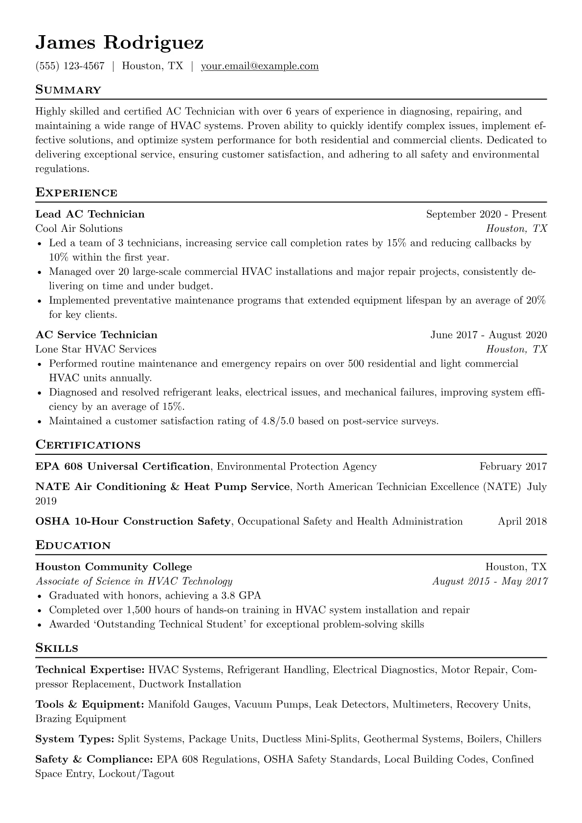 AC Technician Resume Example CV template - Page 1