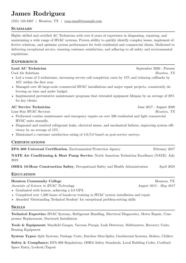 AC Technician Resume Example CV template preview