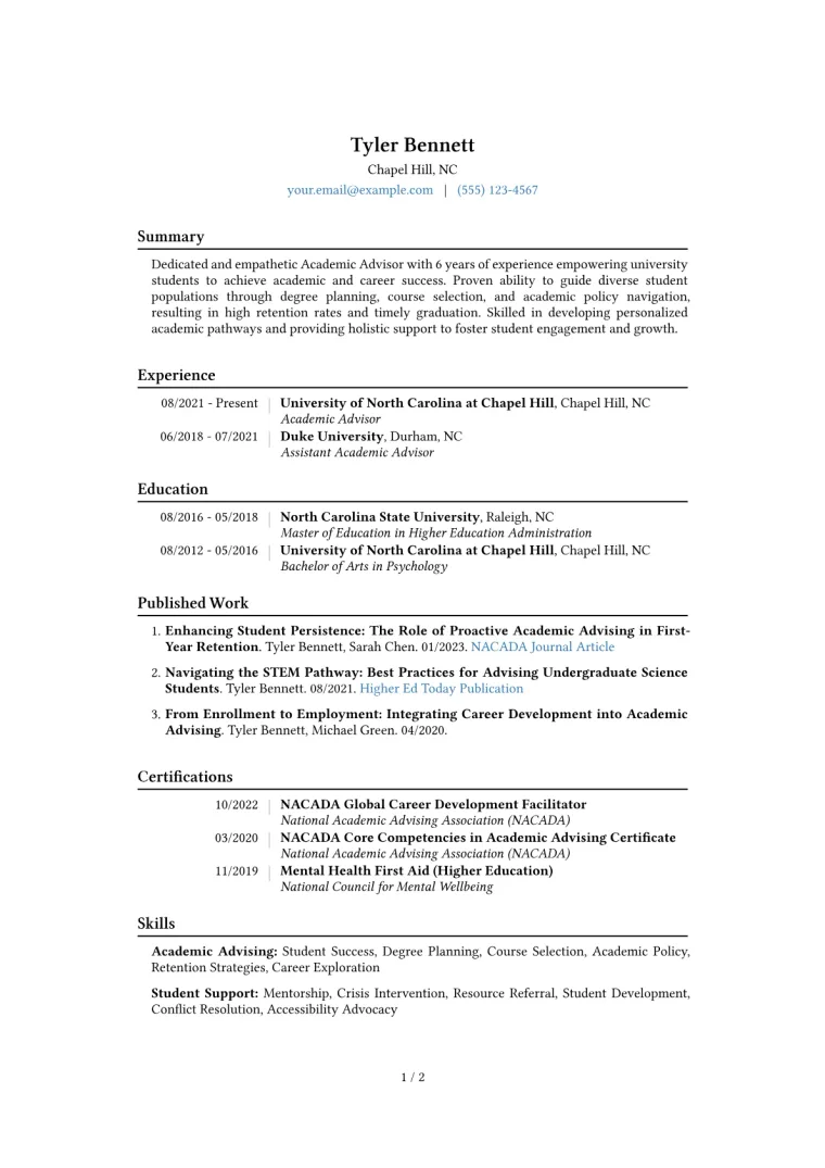 Academic Advisor Resume Example CV template preview