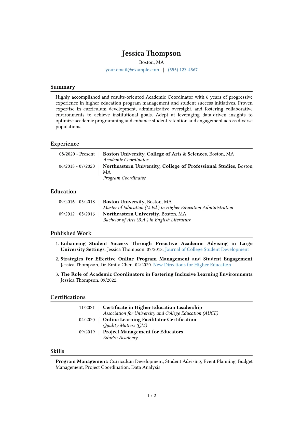 Academic Coordinator Resume Example CV template - Page 1