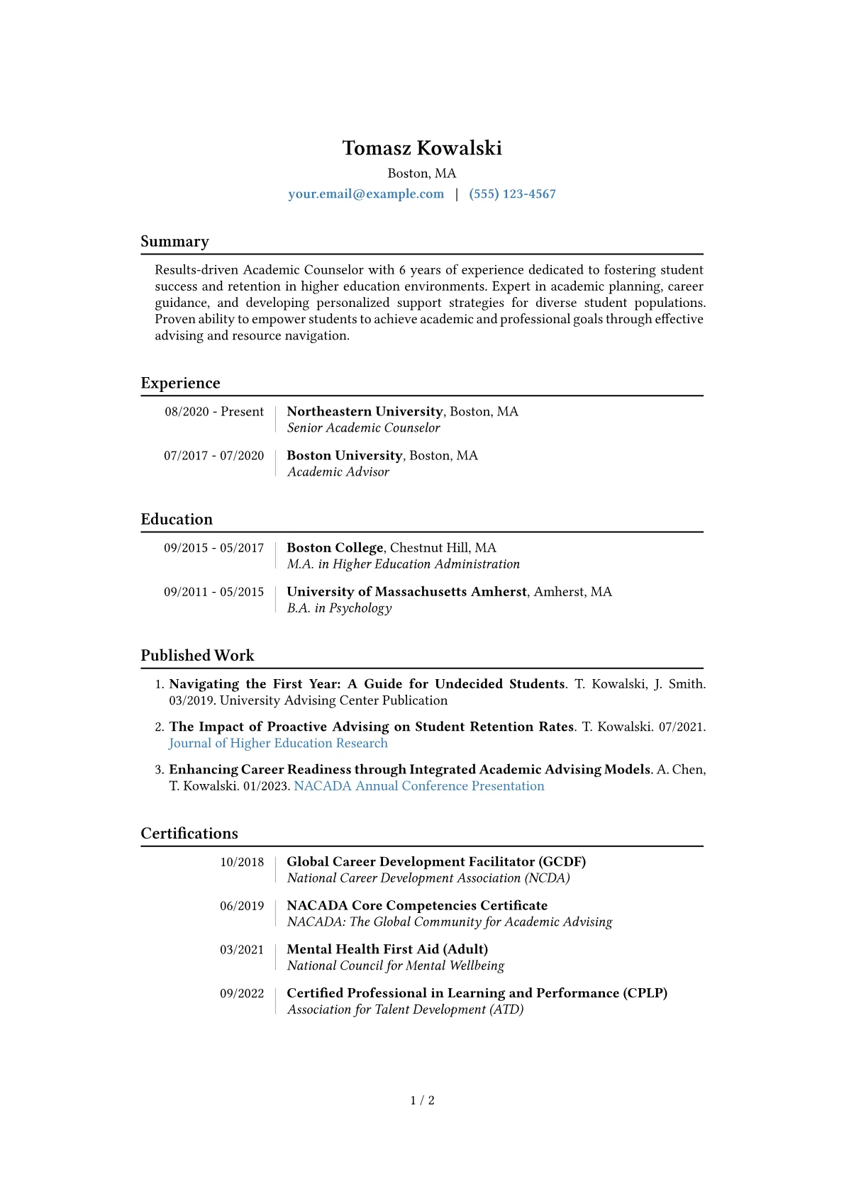 Academic Counselor Resume Example CV template - Page 1