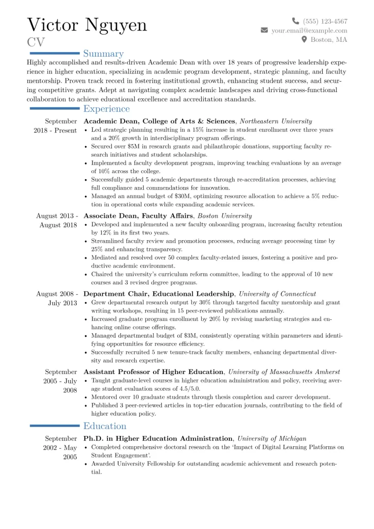 Academic Dean Resume Example CV template preview