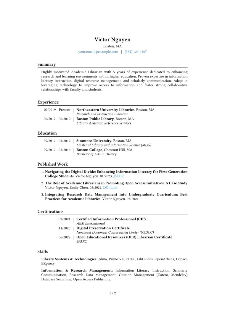 Academic Librarian Resume Example CV template preview
