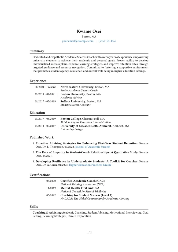 Academic Success Coach Resume Example CV template preview