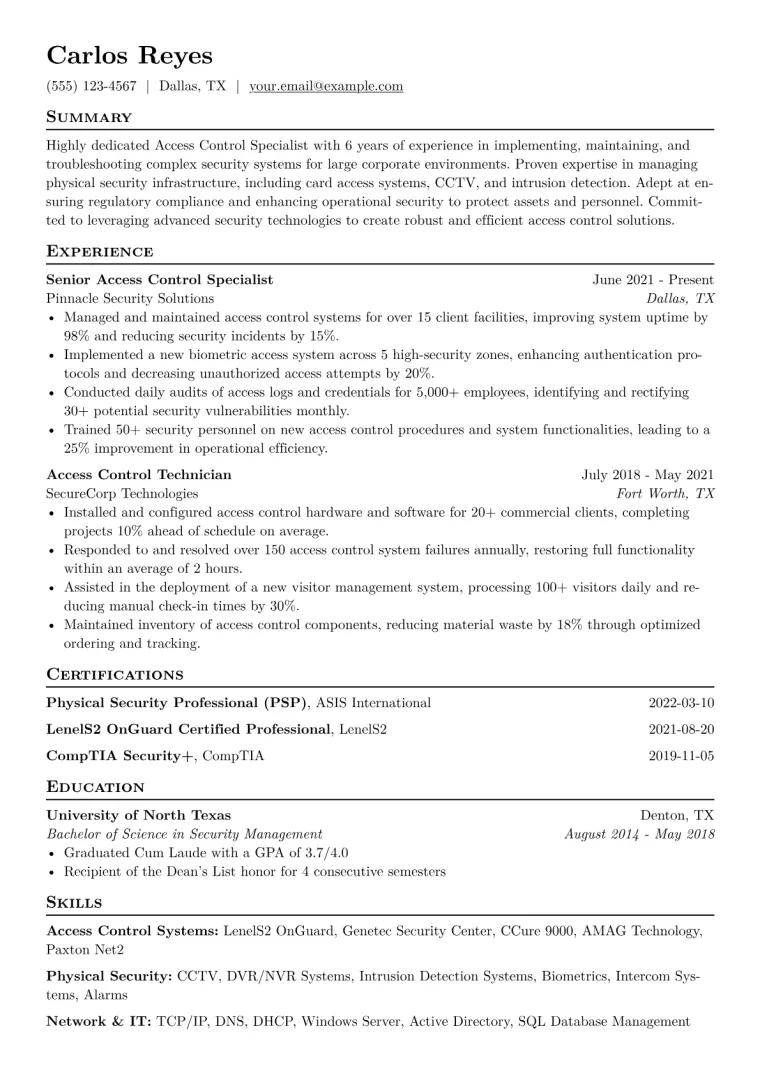 Access Control Specialist Resume Example CV template preview
