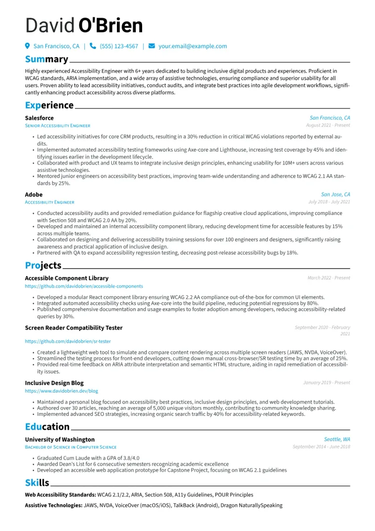 Accessibility Engineer Resume Example CV template preview