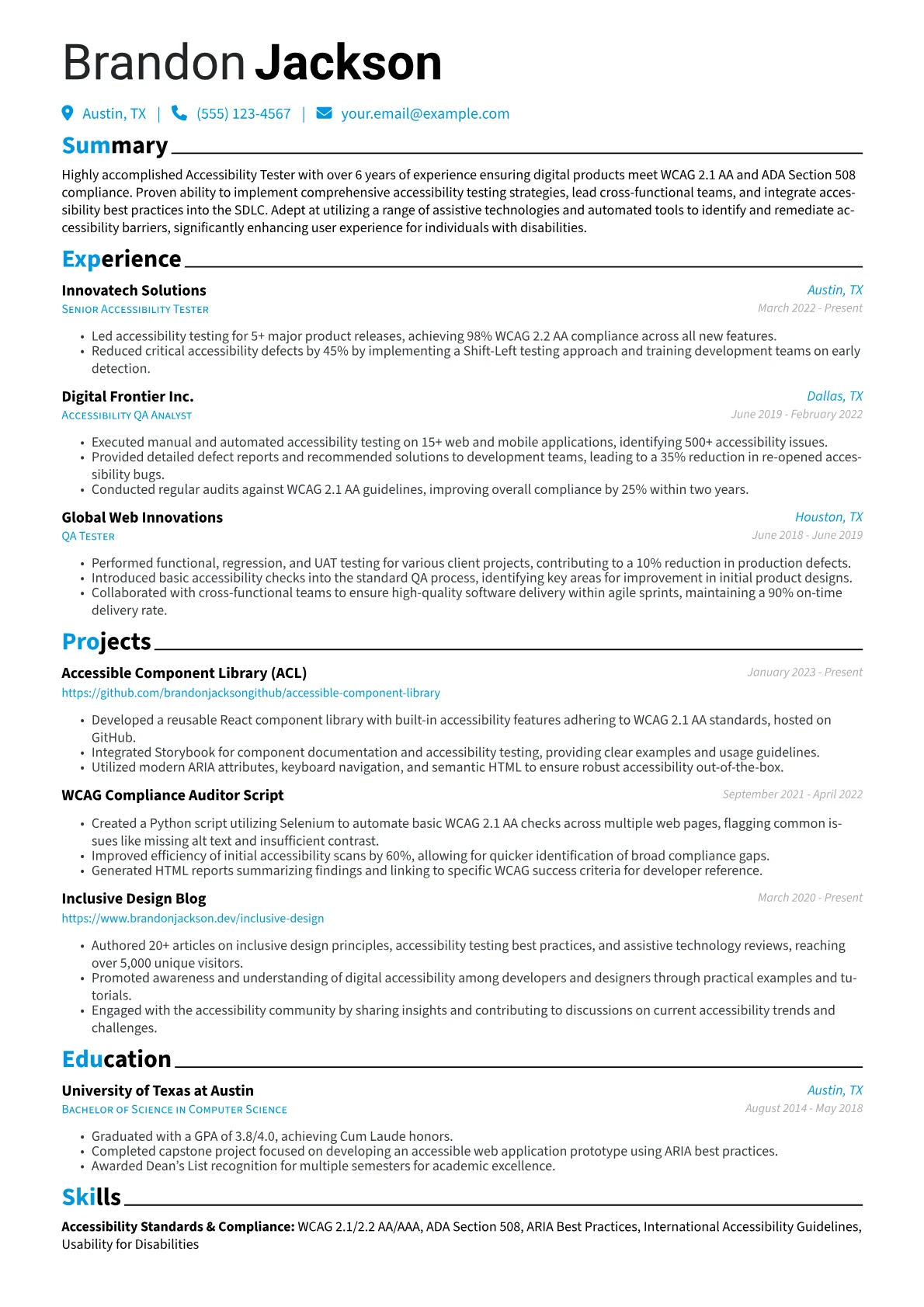 Accessibility Tester Resume Example CV template - Page 1