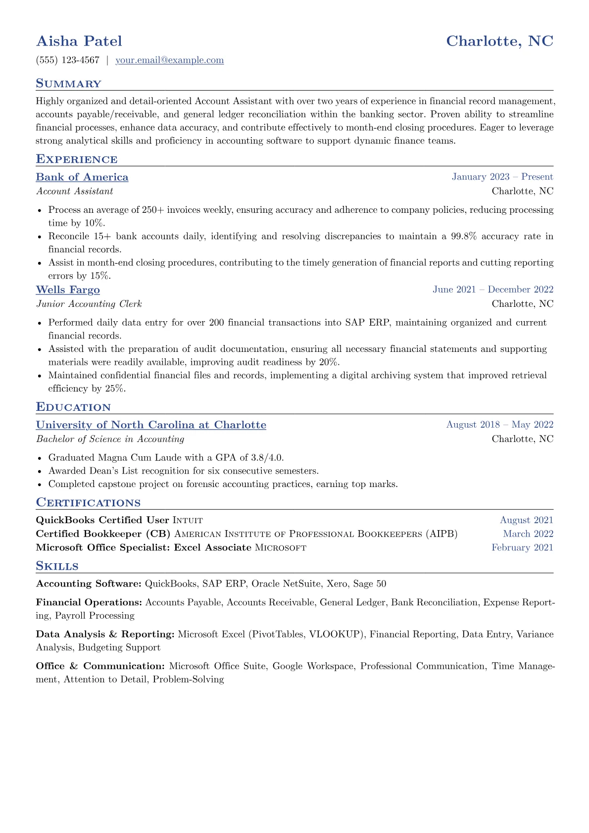 Account Assistant Resume Example CV template - Page 1