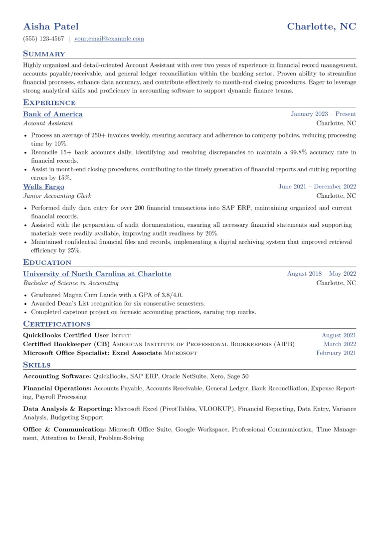 Account Assistant Resume Example CV template preview