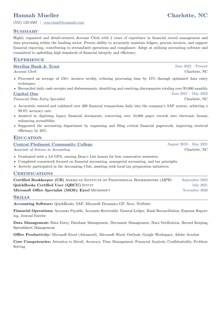 Account Clerk Resume Example CV template preview