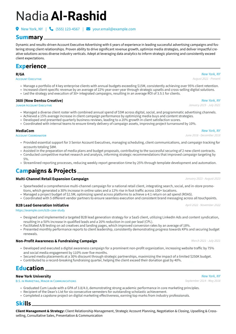 Account Executive Advertising Resume Example CV template preview