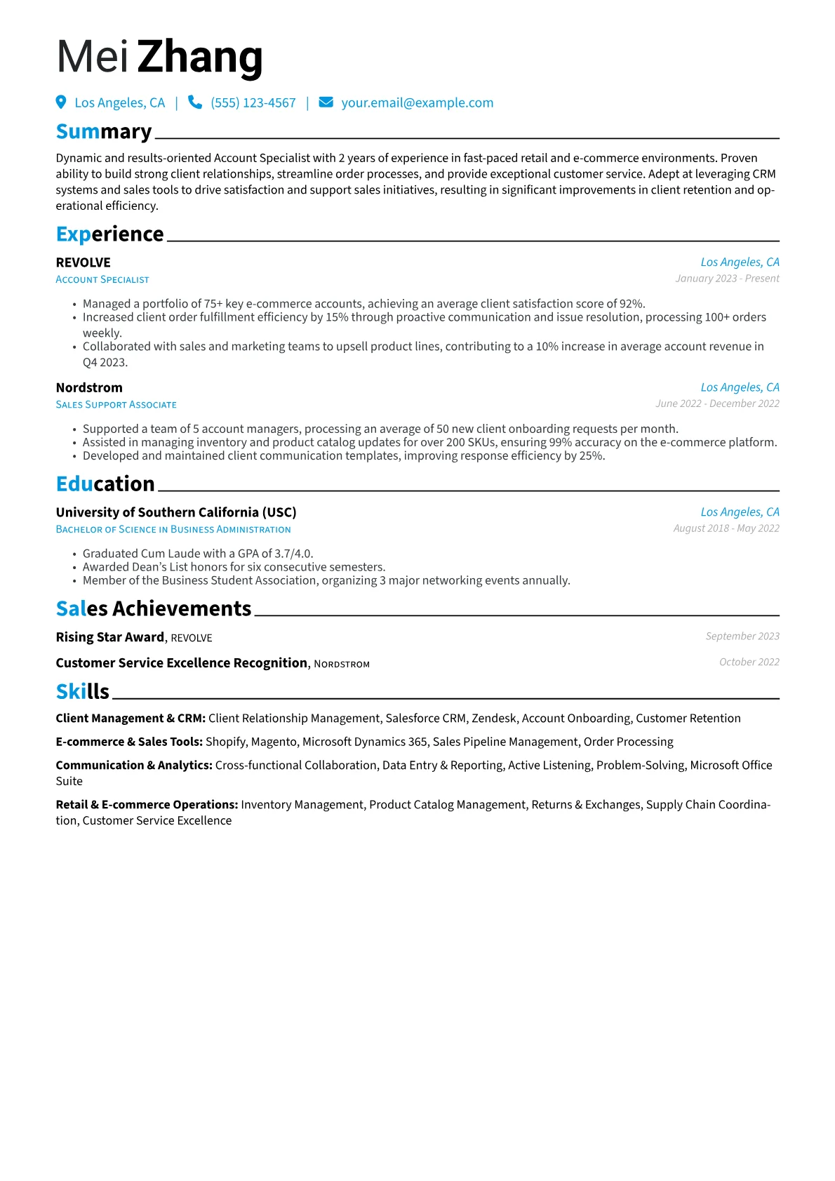 Account Specialist Resume Example CV template - Page 1
