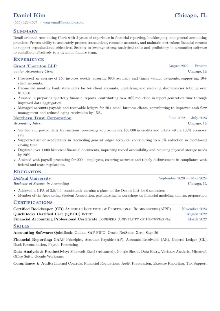 Accounting Clerk Resume Example CV template preview
