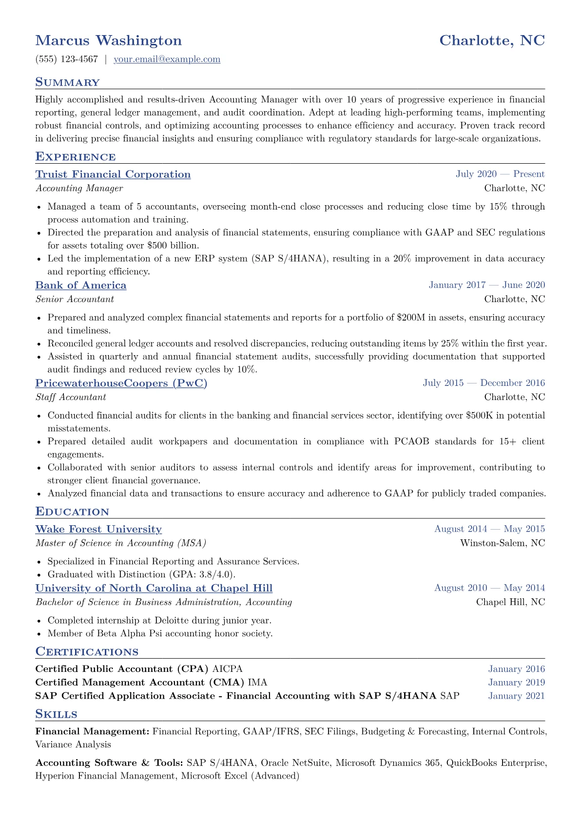Accounting Manager Resume Example CV template - Page 1