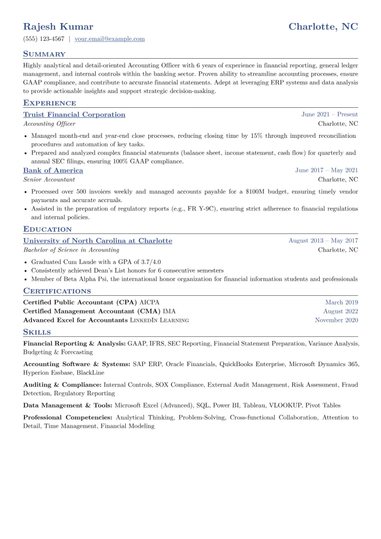 Accounting Officer Resume Example CV template preview
