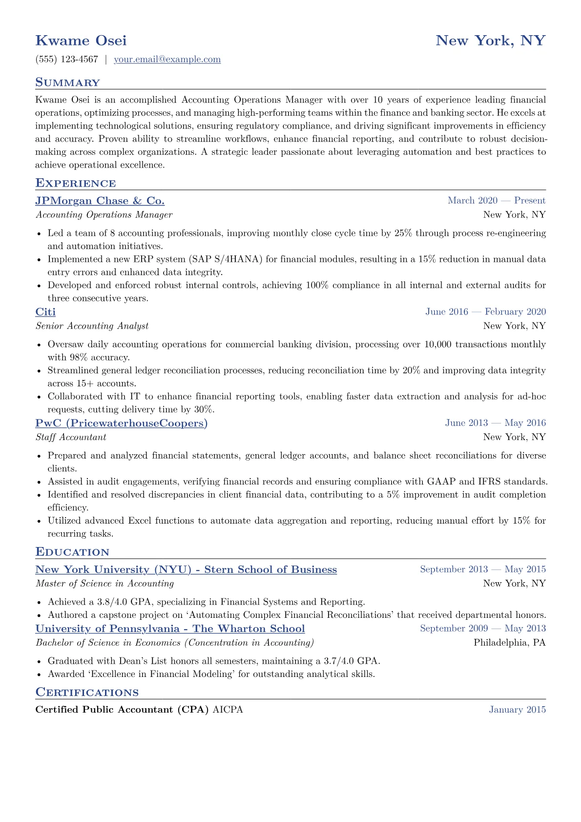 Accounting Operations Manager Resume Example CV template - Page 1