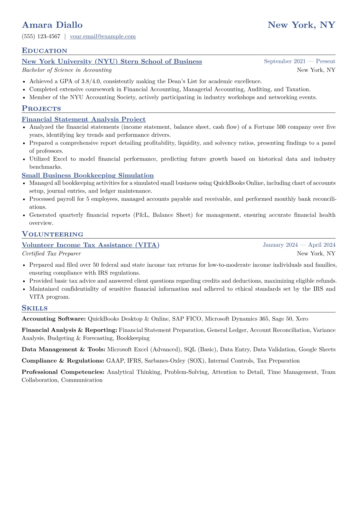Accounting Student Resume Example CV template - Page 1