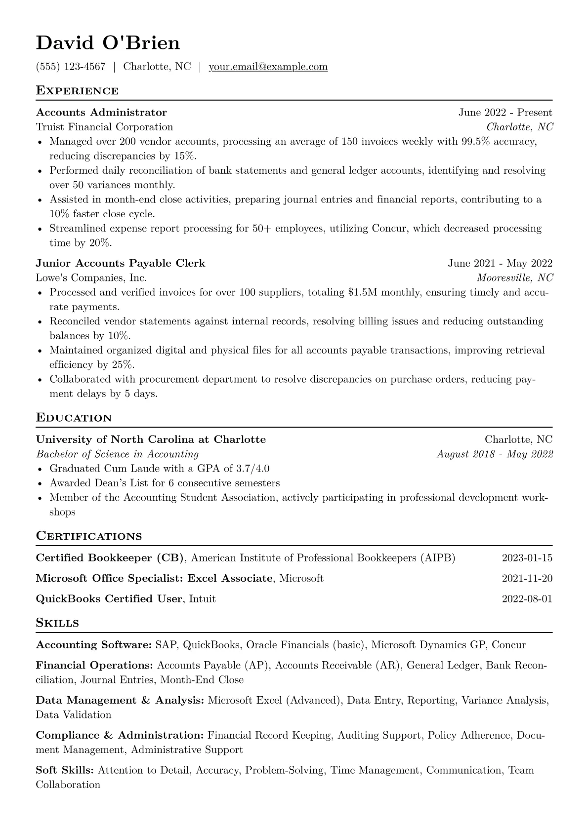 Accounts Administrator Resume Example CV template - Page 1