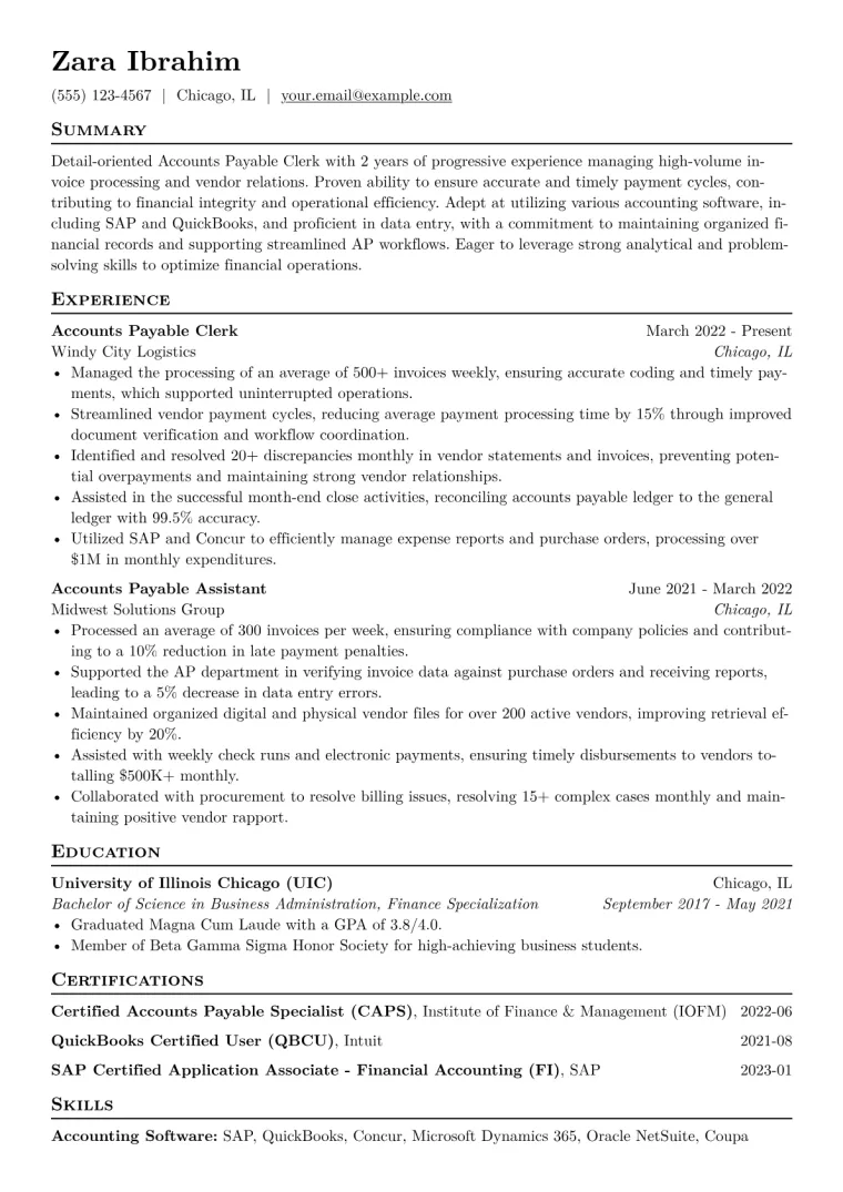 Accounts Payable Clerk Resume Example CV template preview