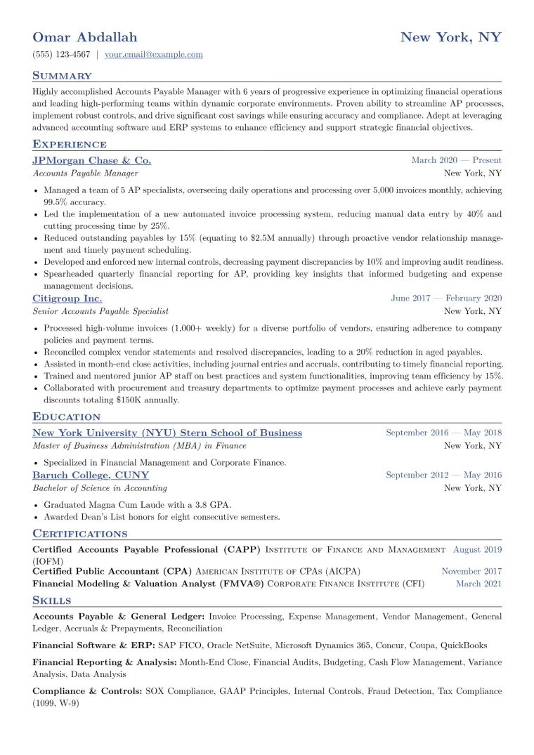 Accounts Payable Manager Resume Example CV template preview