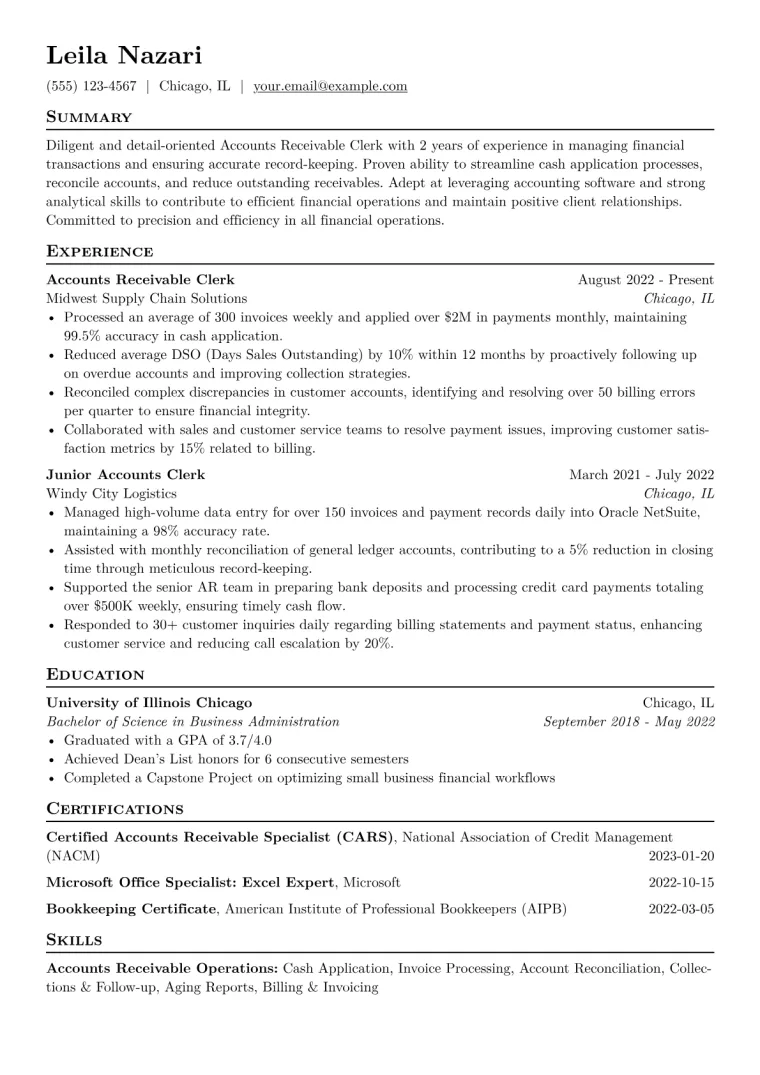 Accounts Receivable Clerk Resume Example CV template preview
