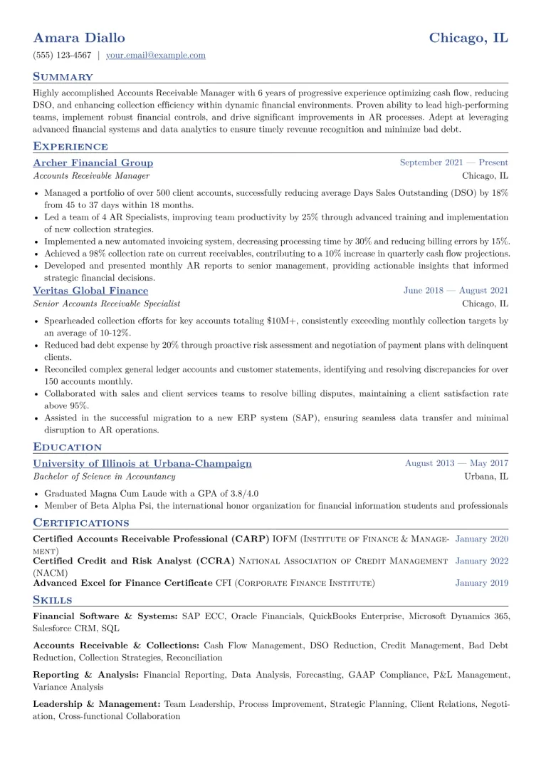 Accounts Receivable Manager Resume Example CV template preview