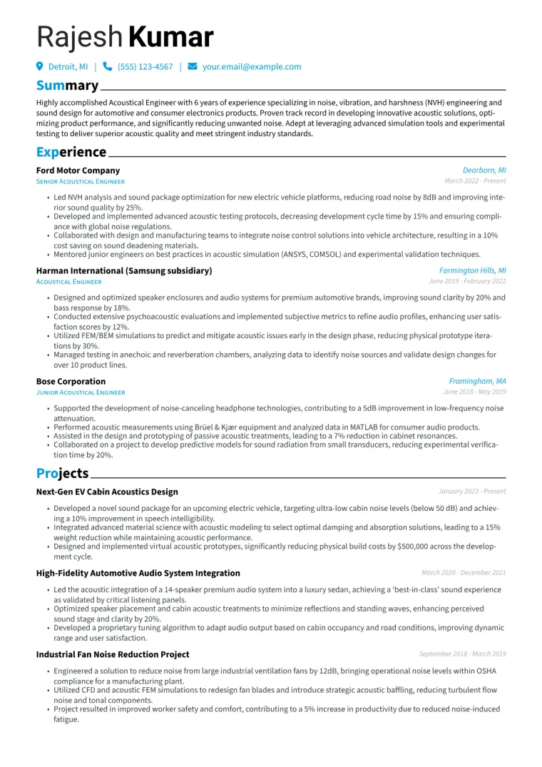 Acoustical Engineer Resume Example CV template preview