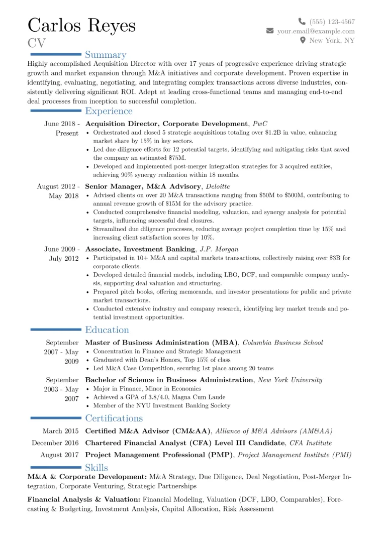 Acquisition Director Resume Example CV template preview