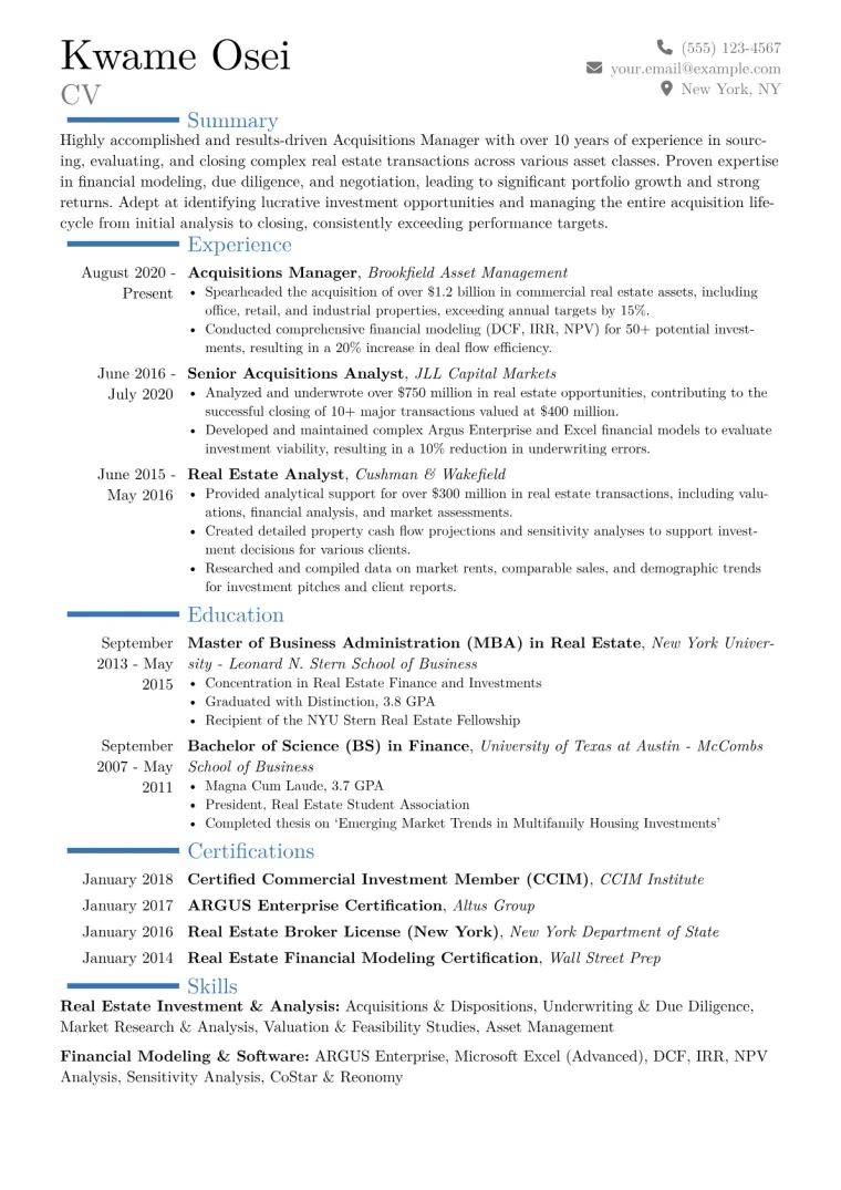 Acquisitions Manager Real Estate Resume Example CV template preview