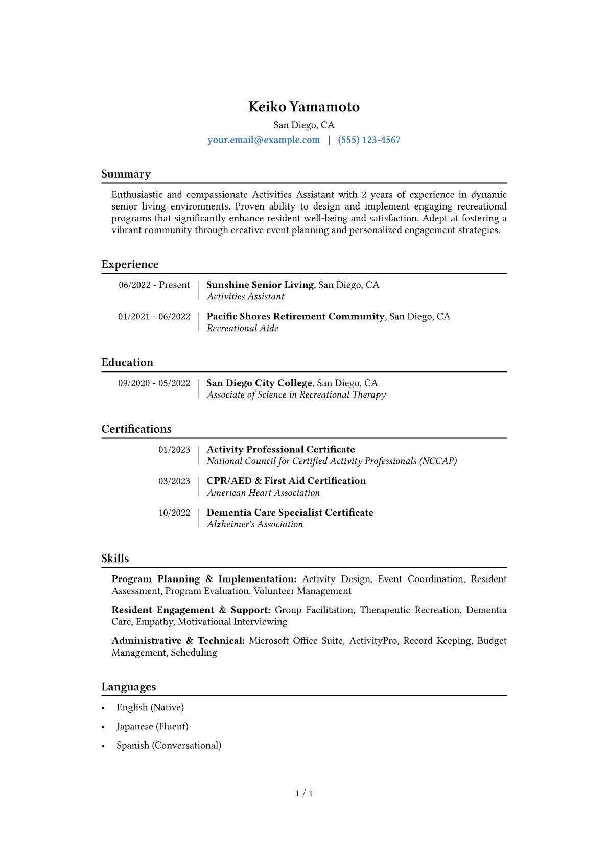 Activities Assistant Resume Example CV template - Page 1