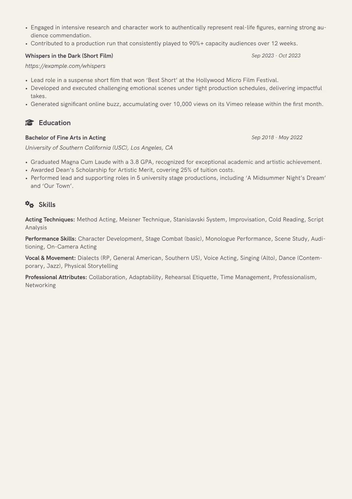 Actor Resume Example CV template - Page 2