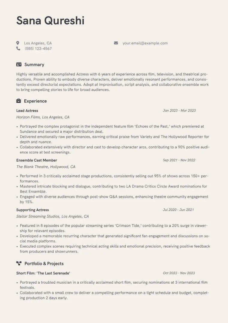 Actress Resume Example CV template preview